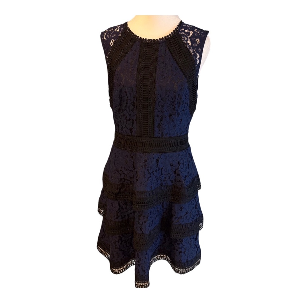 Eliza J Navy and Black Lace Midi Dress. Date, event, party.